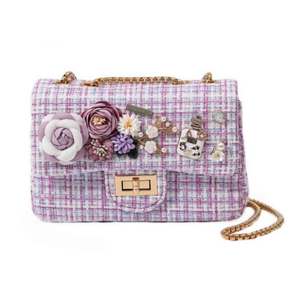 Cute Tweed Crossbody Purse w/ Sling Chain